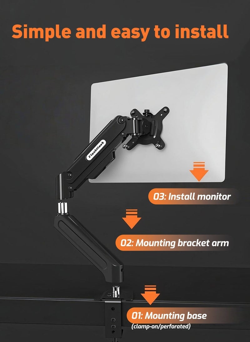 FlashHawk Single Monitor Arm Desk Mount – Gas Spring Stand for 17-32 Inch Screens, Full Motion Height Adjustable, Tilt Swivel Rotate, VESA 75/100mm, 2-9kg Load, Quick Release VESA & Tool-Free Install - Black - Image 4
